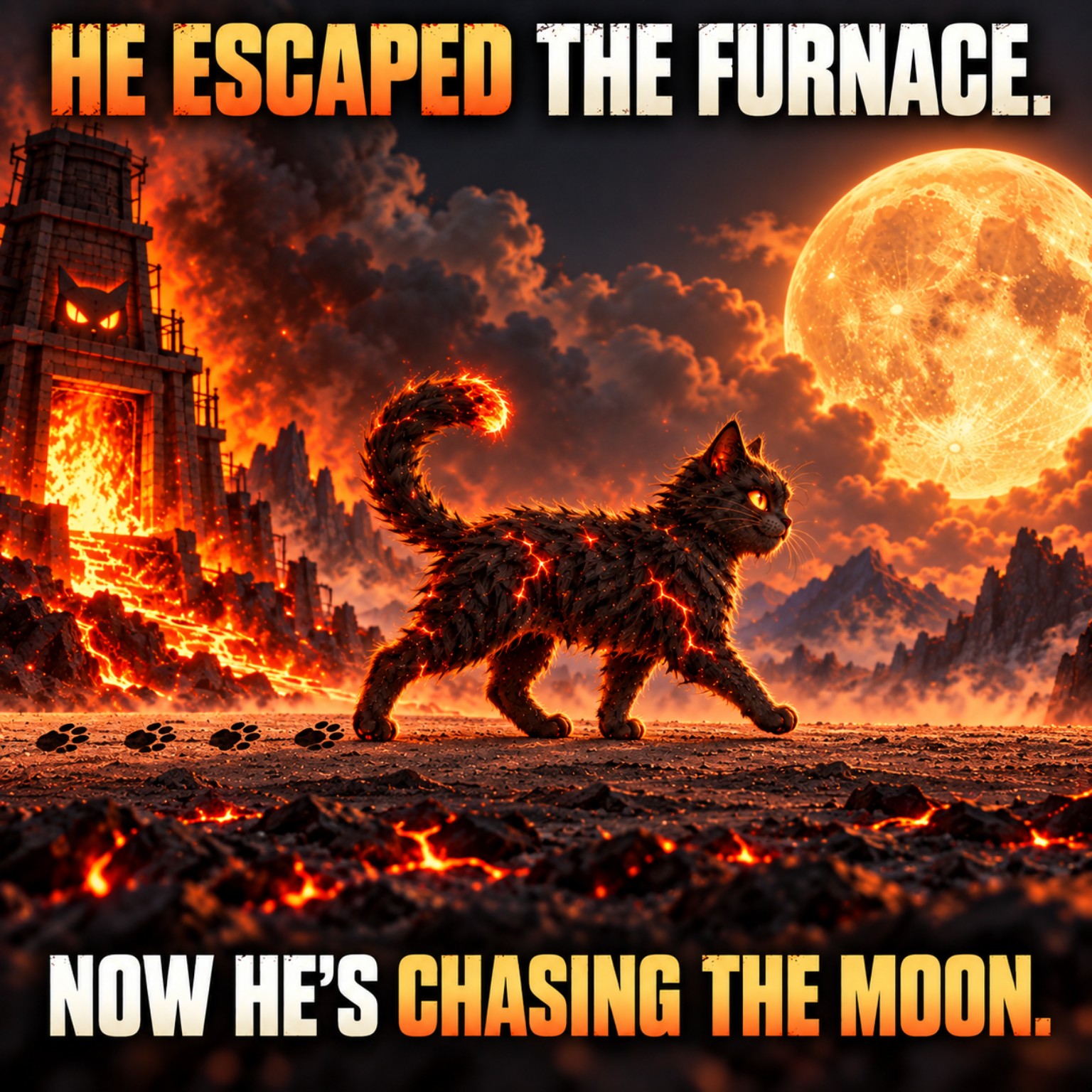 CoalCat escapes the burning furnace and turns toward the moon