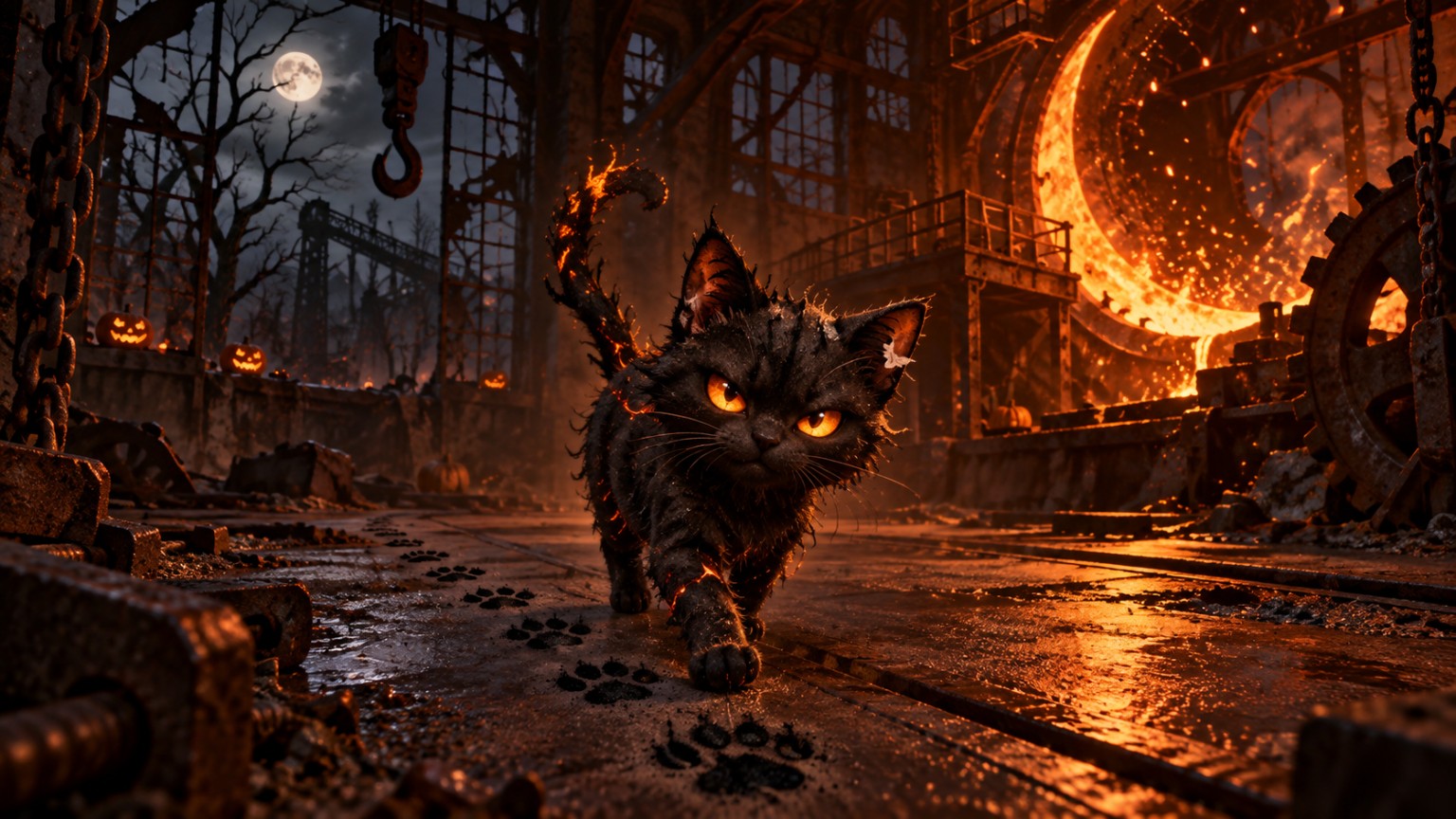 CoalCat emerges inside the abandoned mill as the furnace burns behind him