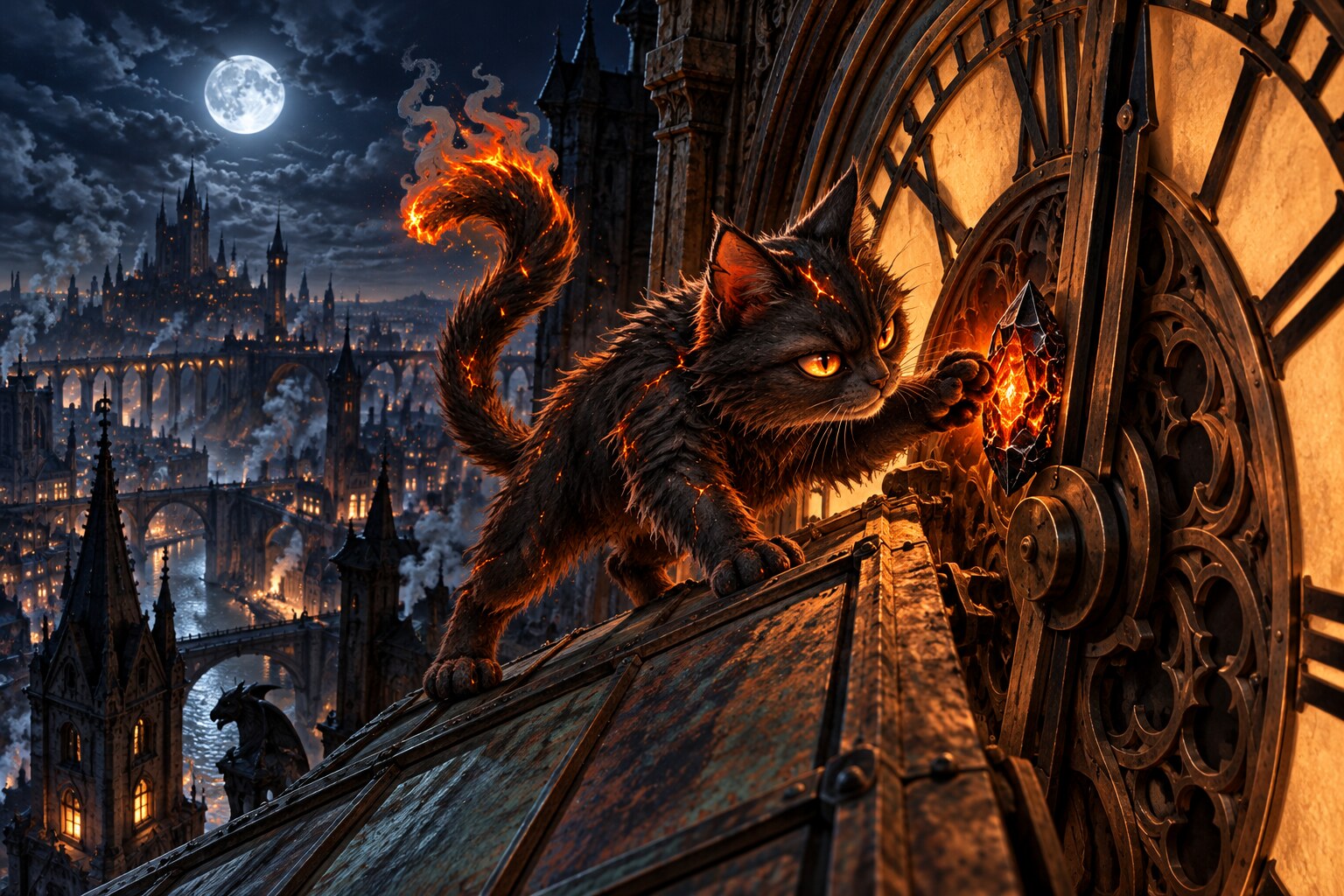 CoalCat discovers a glowing Ember hidden inside the brass mechanism of the moonlit clock tower