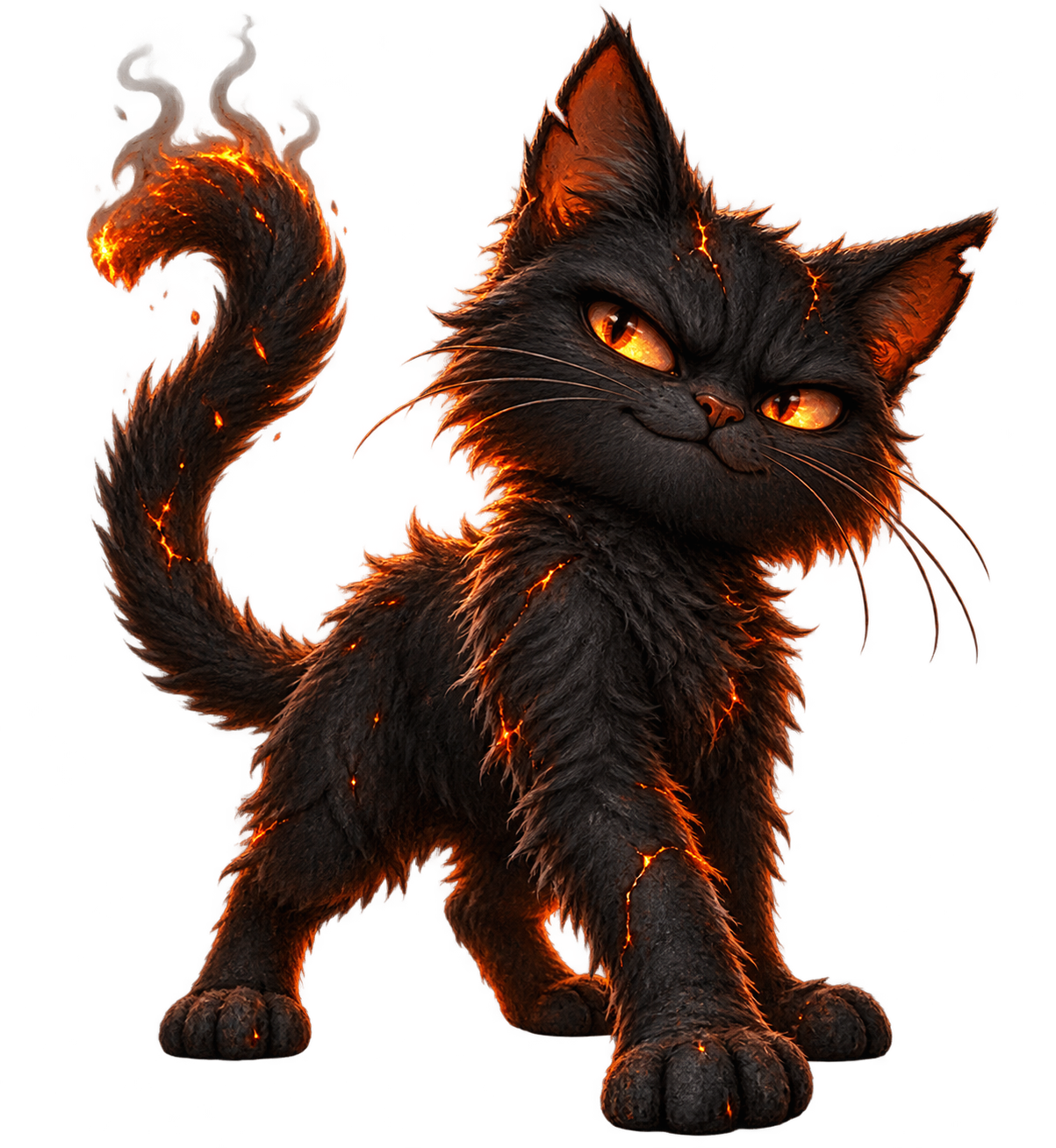 CoalCat standing beyond the furnace, glowing with embers