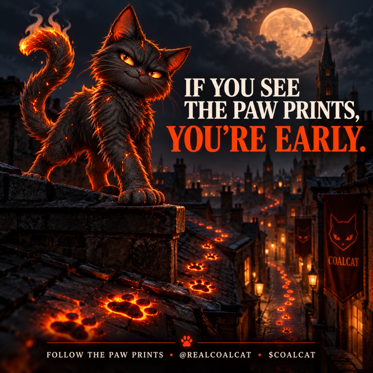 CoalCat overlooks the moonlit town as glowing paw prints wind through its streets