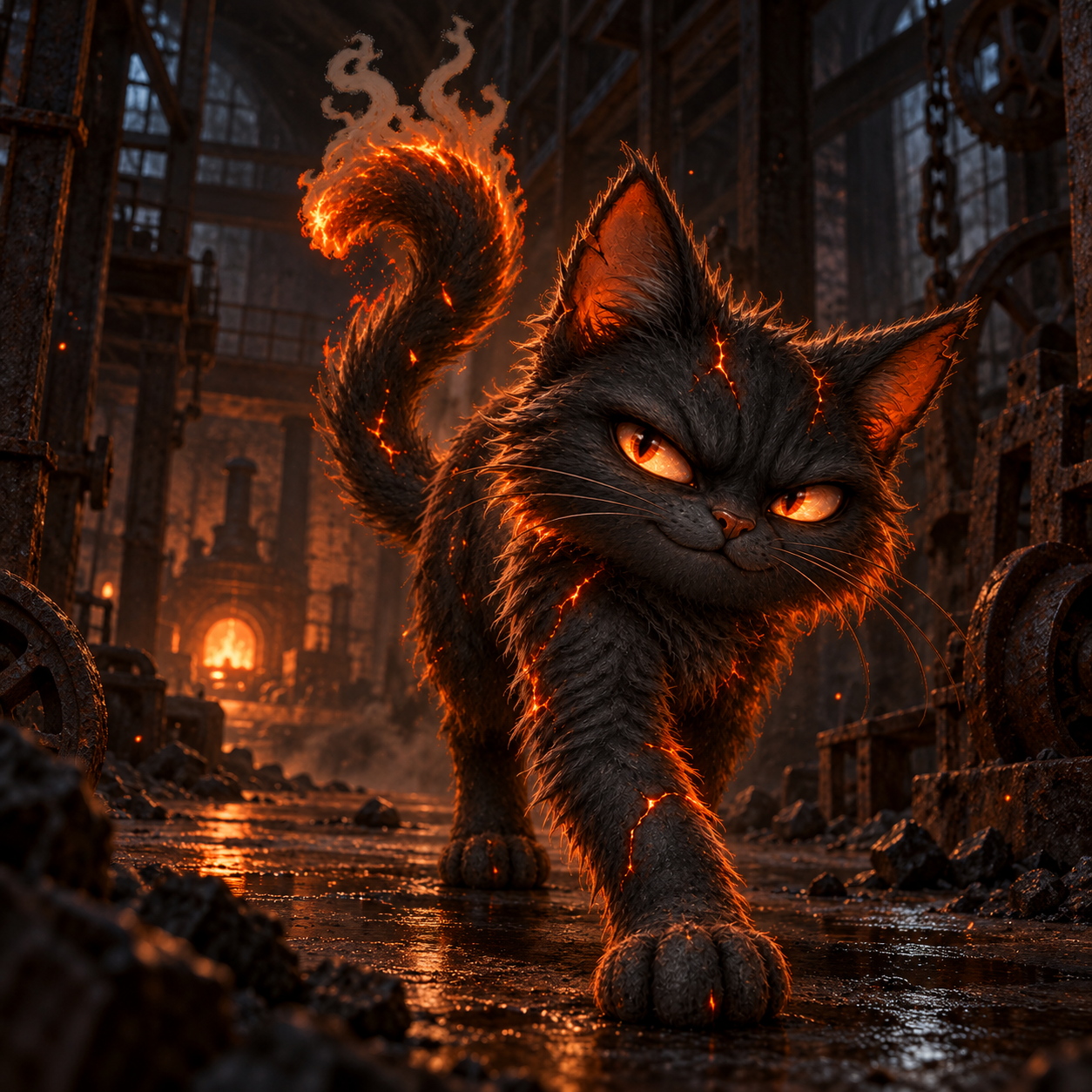 CoalCat prowls through the abandoned mill, leaving the distant furnace behind