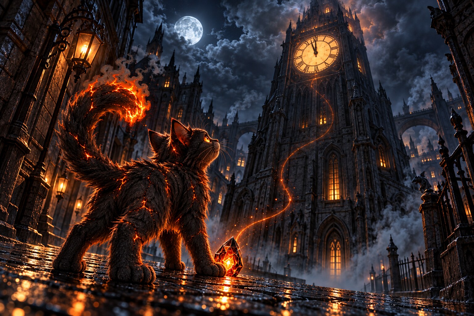 CoalCat stands beneath a moonlit clock tower as the bank Ember beside him sends a glowing signal toward its frozen clock