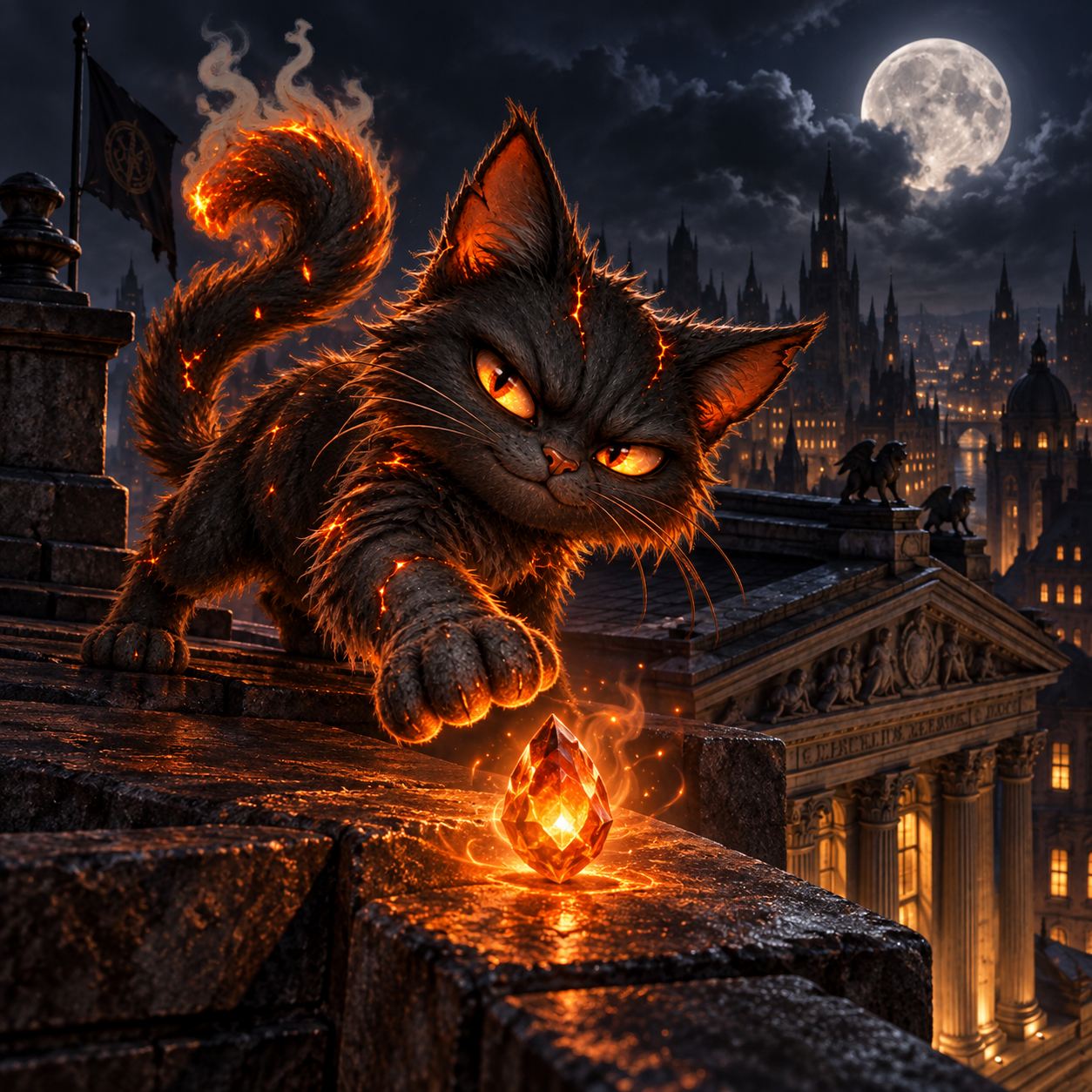 CoalCat reaches toward a rare glowing ember on the rooftop of an old bank